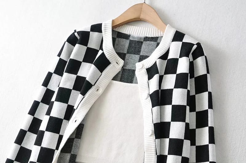 Women Black & White Knit Bralette and Checkboard Print Cardigan Set Cardi