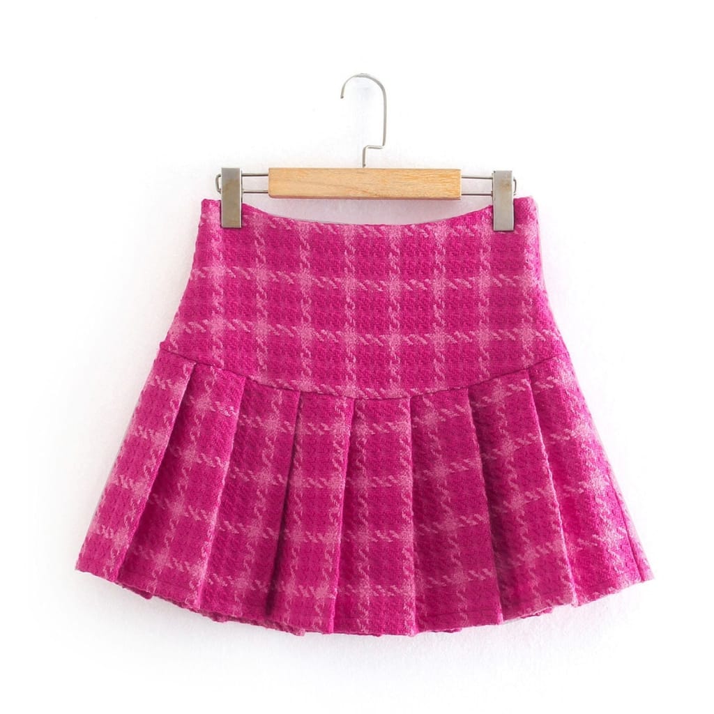 Women Hot Pink Paid Cropped Blazer and High Waist Pleated Mini Skirt Two Piece Set