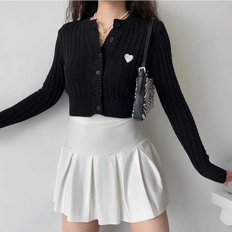 Women Dark Grey Cable Knitted Cardigan with White Heart Patch Cotton Knit Cropped