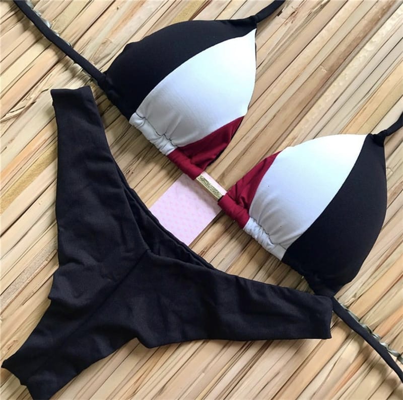 Color Block Hot Pink Blue Brown Bikini Set Women’s Swimming Suit Halter Drawstring Bathing