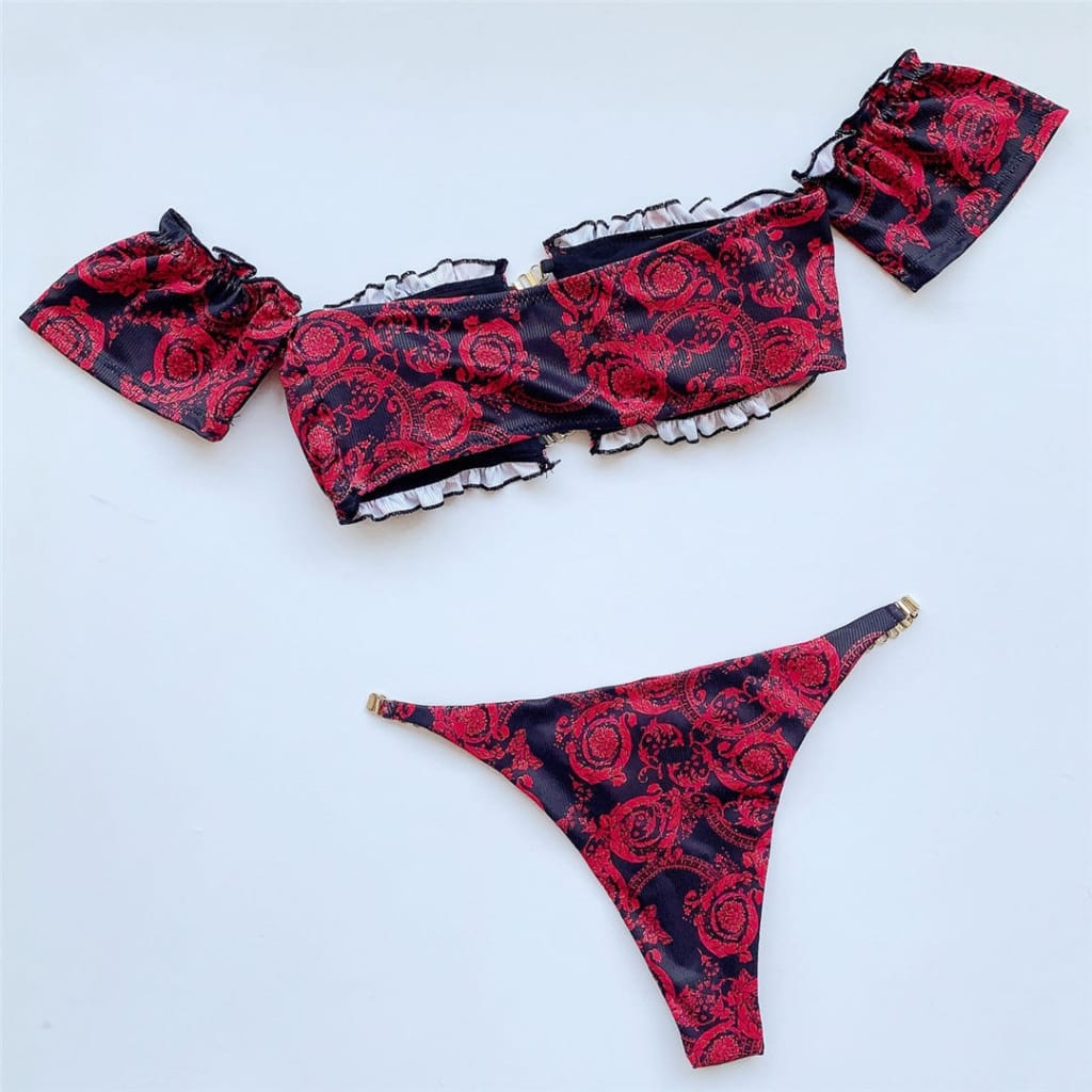 Women Red Tribal Print off Shoulder Ruffled Frilled Bikini Set with Rust Gold Chain Decor