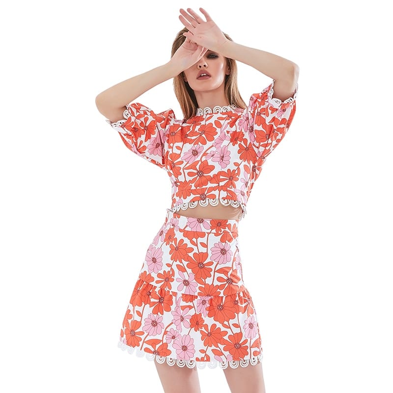 Women White with Pink and Red Floral Print Two Piece A-line High Waist Mini Skirt Mid Puff