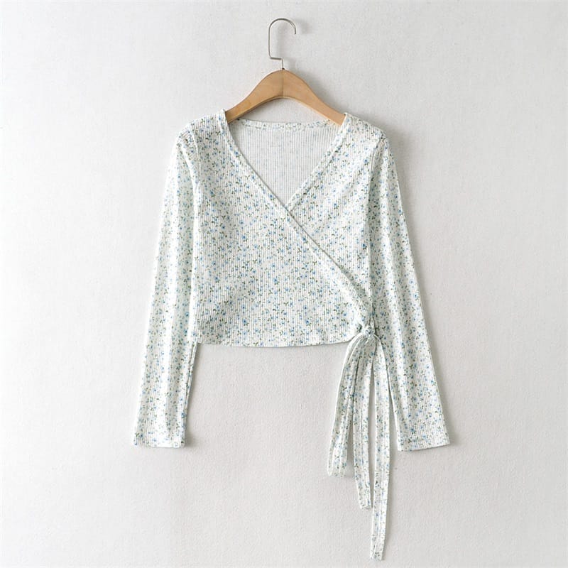 Women White Wrap front Blue Floral Print Long Sleeved Blouse Waffle Crop top with Tie Hem