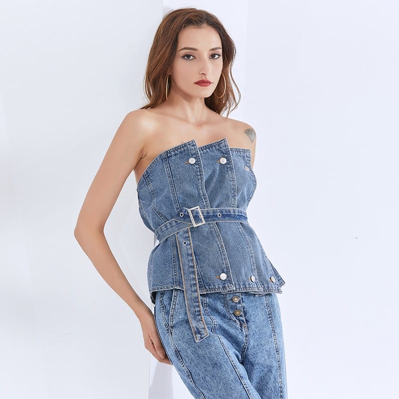 Women Strapless Denim Tube top with Accordion Folds detail