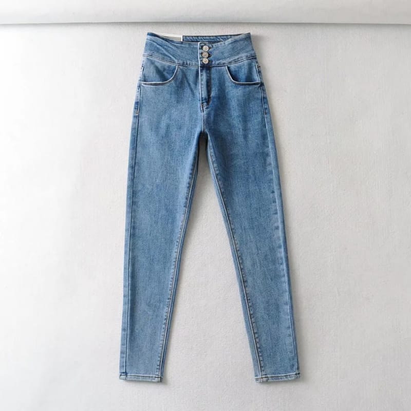 Women Dark Blue Cotton Blend Skinny Jeans Streetwear Style