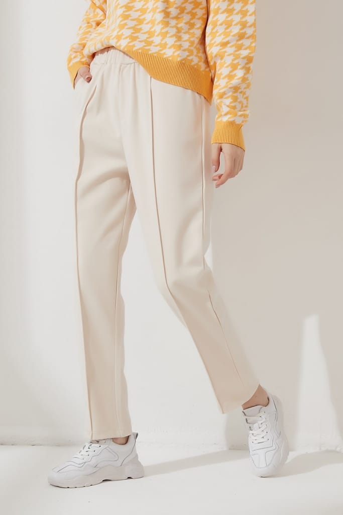 Women Beige Casual thick Trousers Pants with Elastic Waist and Pockets detail