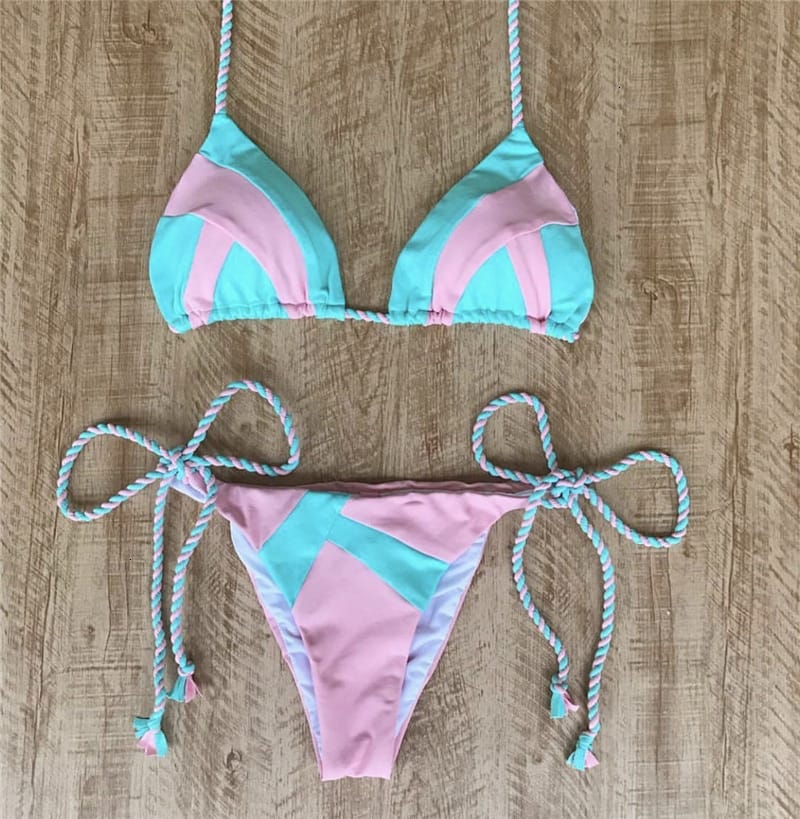 Color Block Hot Pink Blue Brown Bikini Set Women’s Swimming Suit Halter Drawstring Bathing