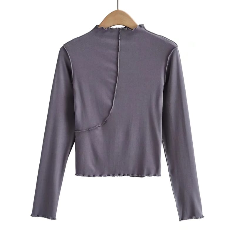 Women Gray Asymmetric Long Sleeve T-shirt with Lettuce Trimming detail