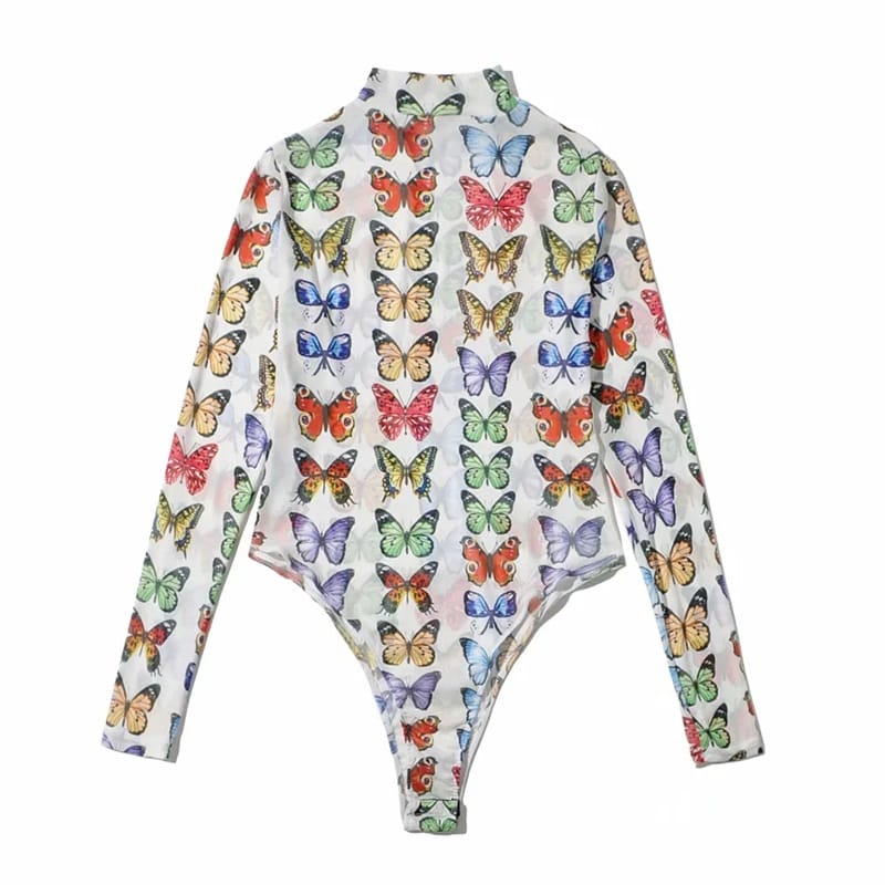 Women White High Neck Blue Butterfly Print Mesh Long Sleeve Bodysuit