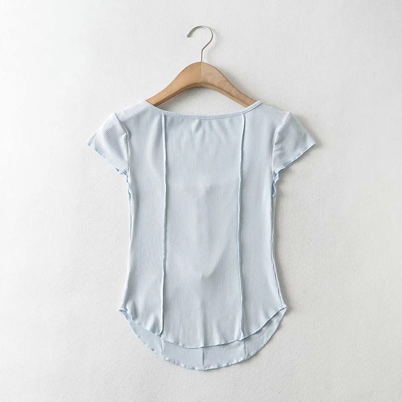 Women Light Grey Scoop Neck Buttoned Short Cap Sleeve Curve Hem Fitted top with Seam detail T-shirt