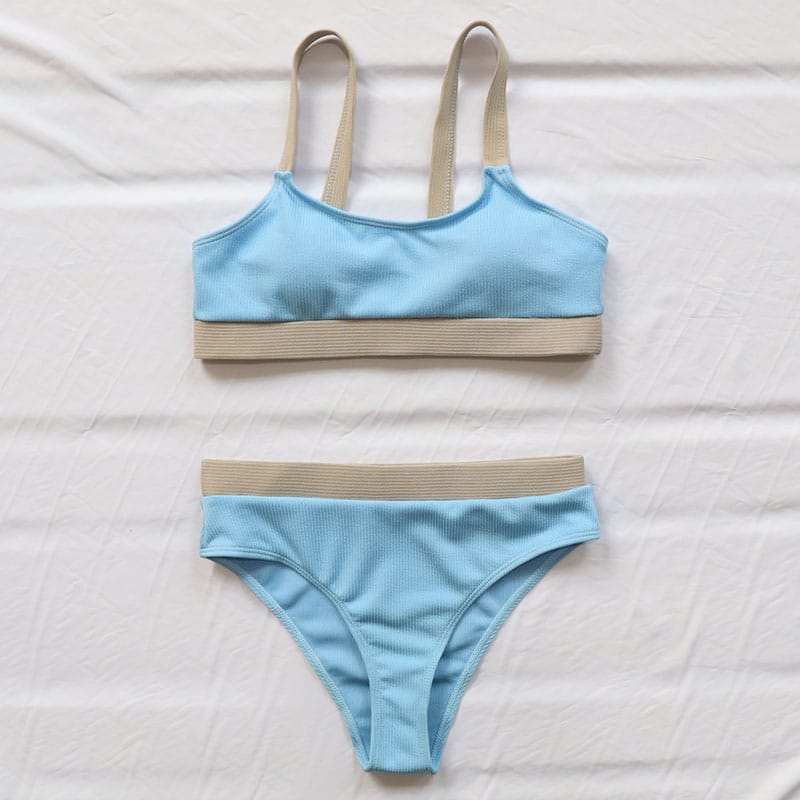 Women Ribbed Two Tone Blue Sport Bra and High Waist bottom Bikini Set Sporty Swimsuit