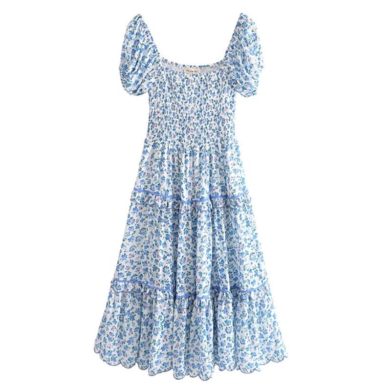 Women White with Blue Flower Print Short Sleeve Square Collar Midi Dress Elastic back and