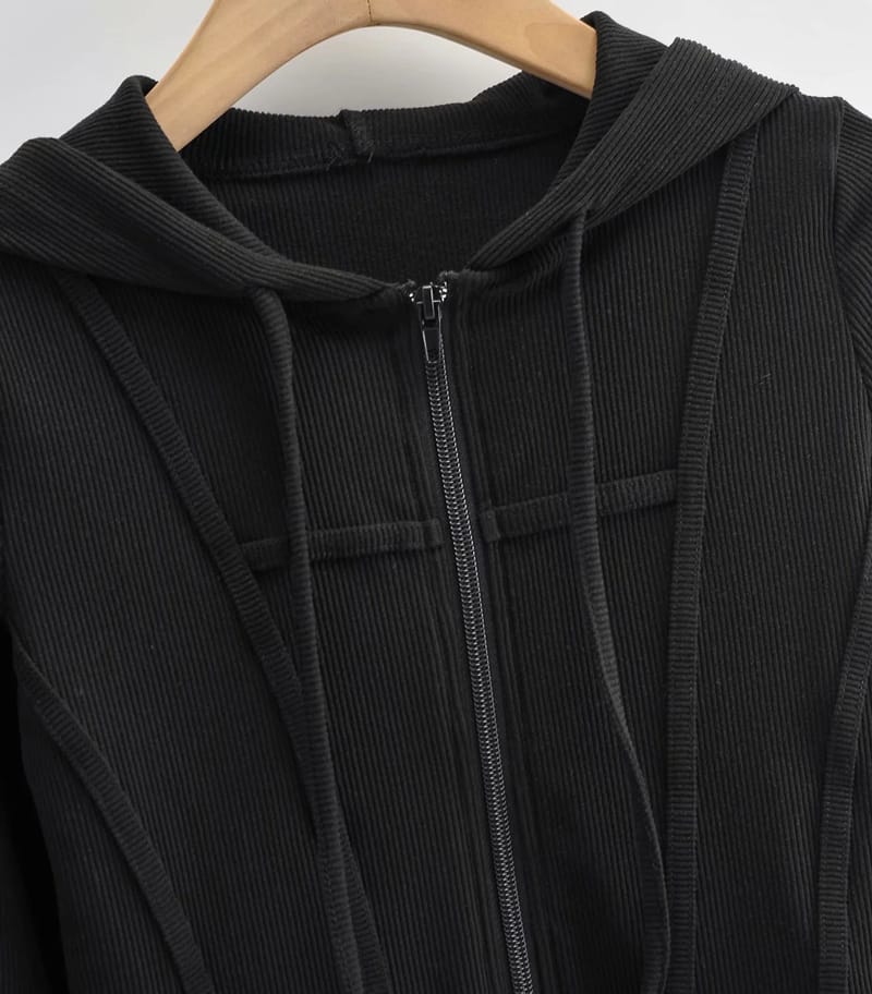 Women Black Zip up Crop Fitted Hoodie with Curve Hem and Tapes detail
