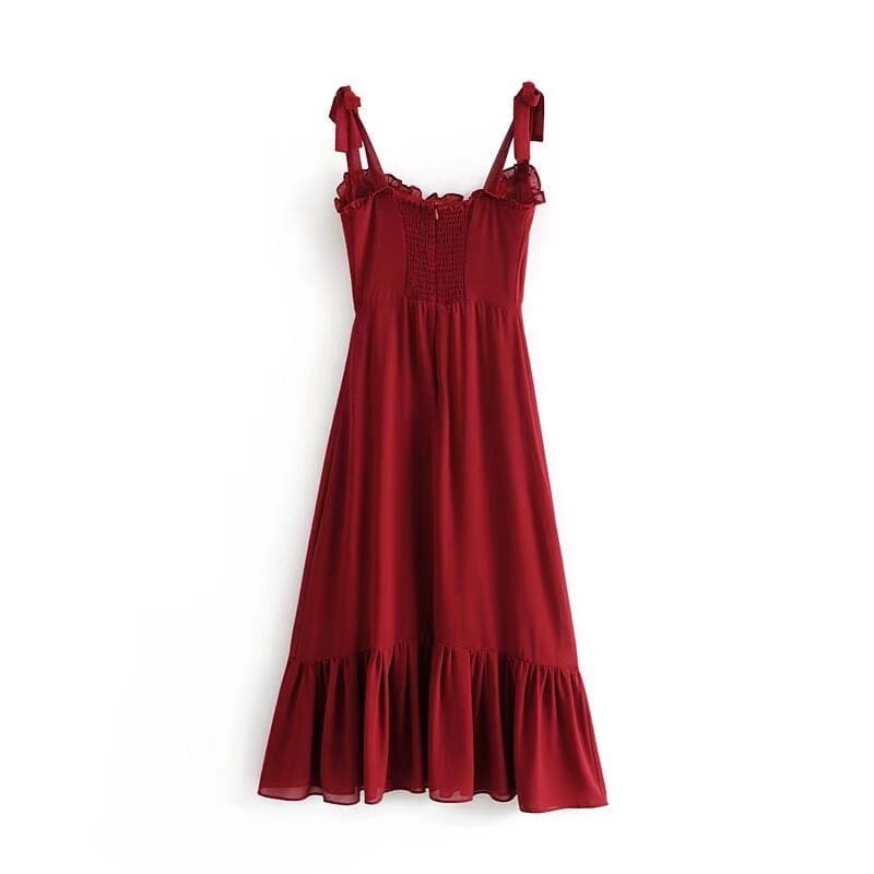 Vintage Plain Red Tie Cami Strap Midi Dress A-line Cut with Ruffle Decor