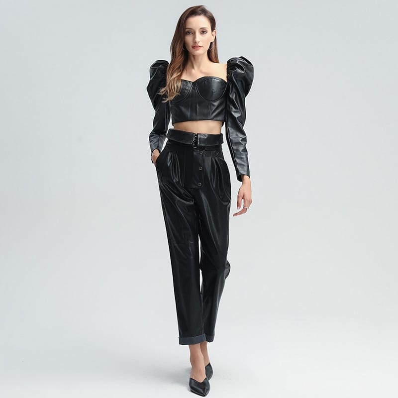 Women Black Leather Corset Style top with Long Puff Sleeve Blouse