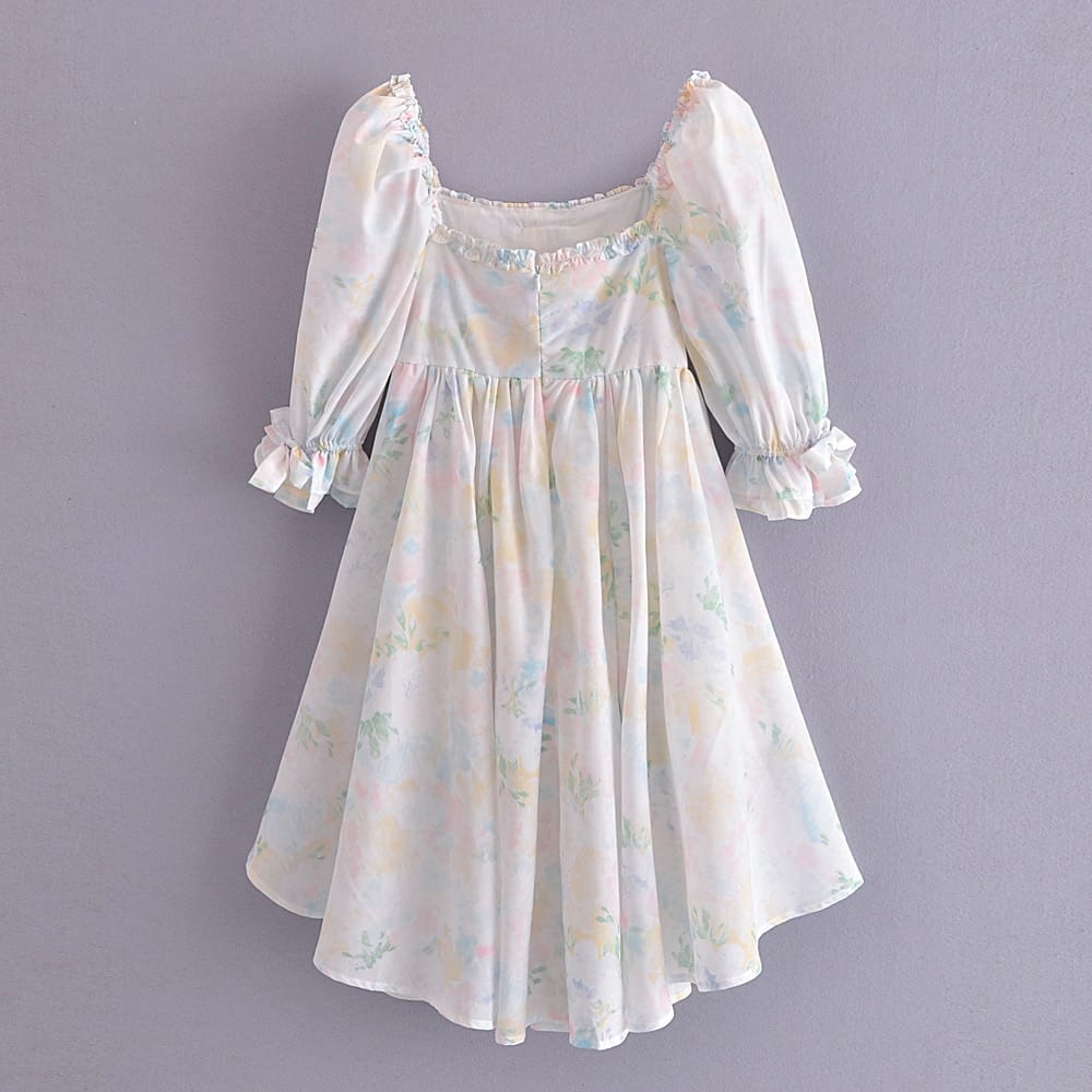 White Floral Print Puff Sleeve Square Neckline A-line Pleated Midi Dress with Bow detail