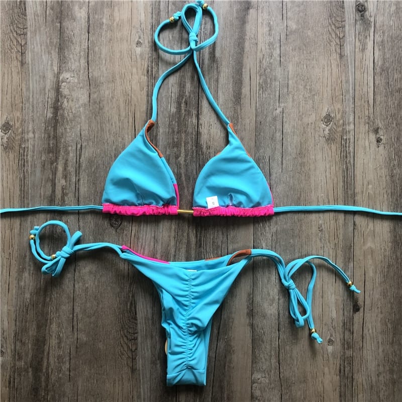 Color Block Hot Pink Blue Brown Bikini Set Women’s Swimming Suit Halter Drawstring Bathing