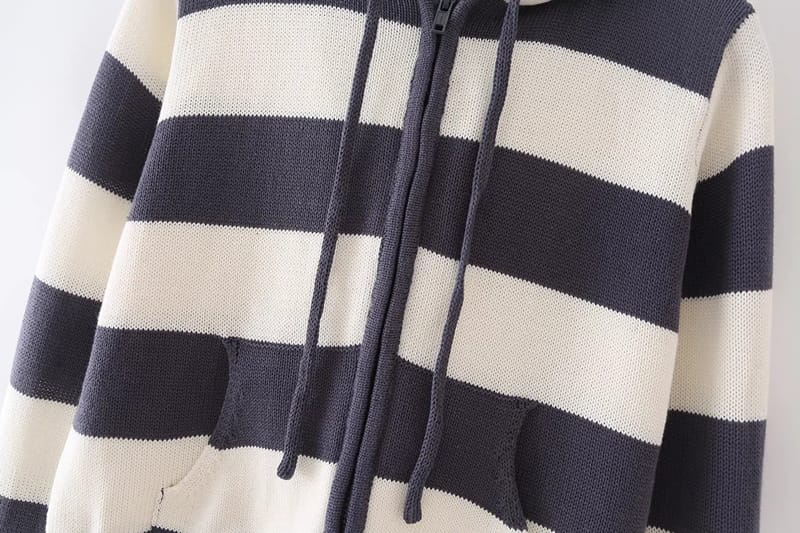 Women Blue and White Striped Knit Hoodie Cardigan with Zip