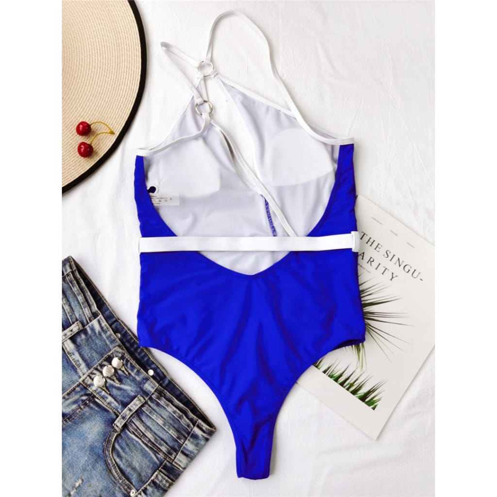 Women Blue One Shoulder Cut out Asymmetric Backless Piece Swimwear with Buckle and Metal O- Ring