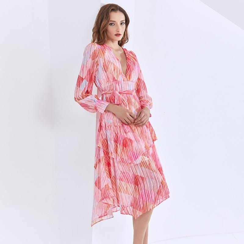 Pink Midi V Neck Dress with Lantern Long Sleeve Tie Waist and Ruffle detail
