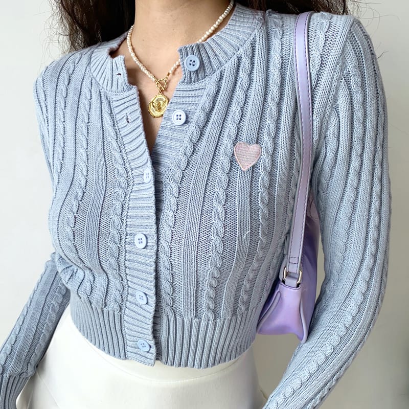 Women Dark Grey Cable Knitted Cardigan with White Heart Patch Cotton Knit Cropped