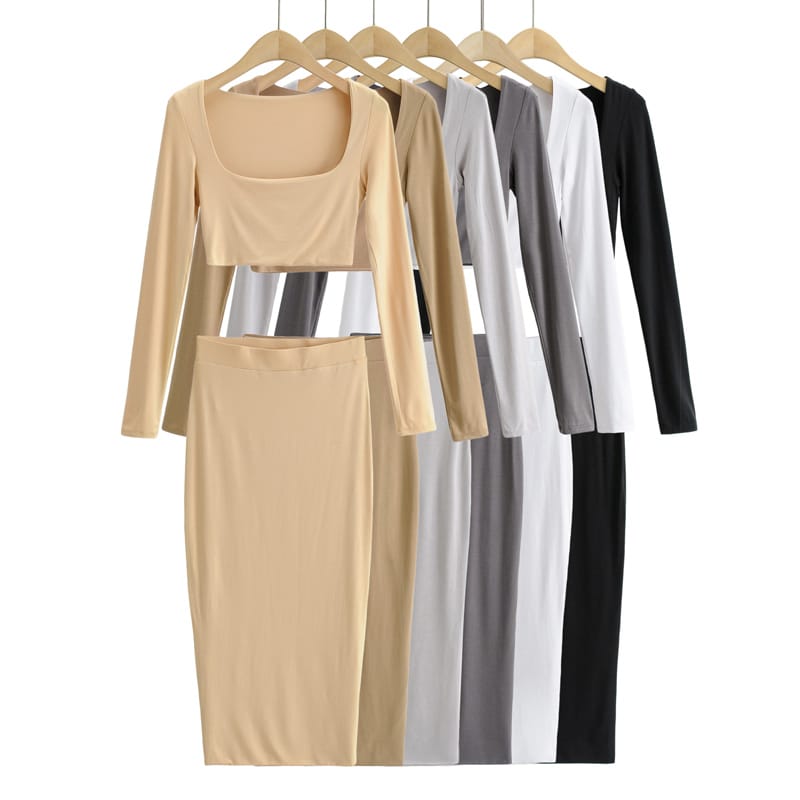 Women Grey co Ord Square Neck Long Sleeves Crop T-shirt and Bodycon Midi Two Piece Skirt Set