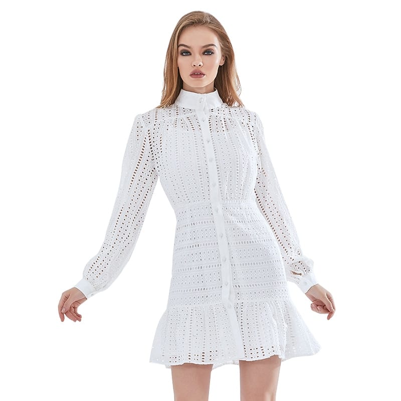 Women White Buttoned Long Sleeve A-line Elegant Mini Dress with High Collar and Ruffle detail