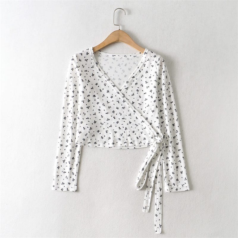 Women White Wrap front Blue Floral Print Long Sleeved Blouse Waffle Crop top with Tie Hem