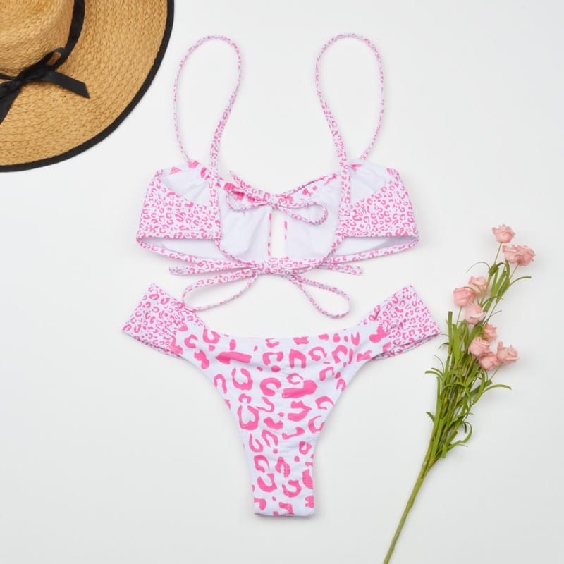 White with Pink Leopard Print High Waist Bikini Set Keyhole detail