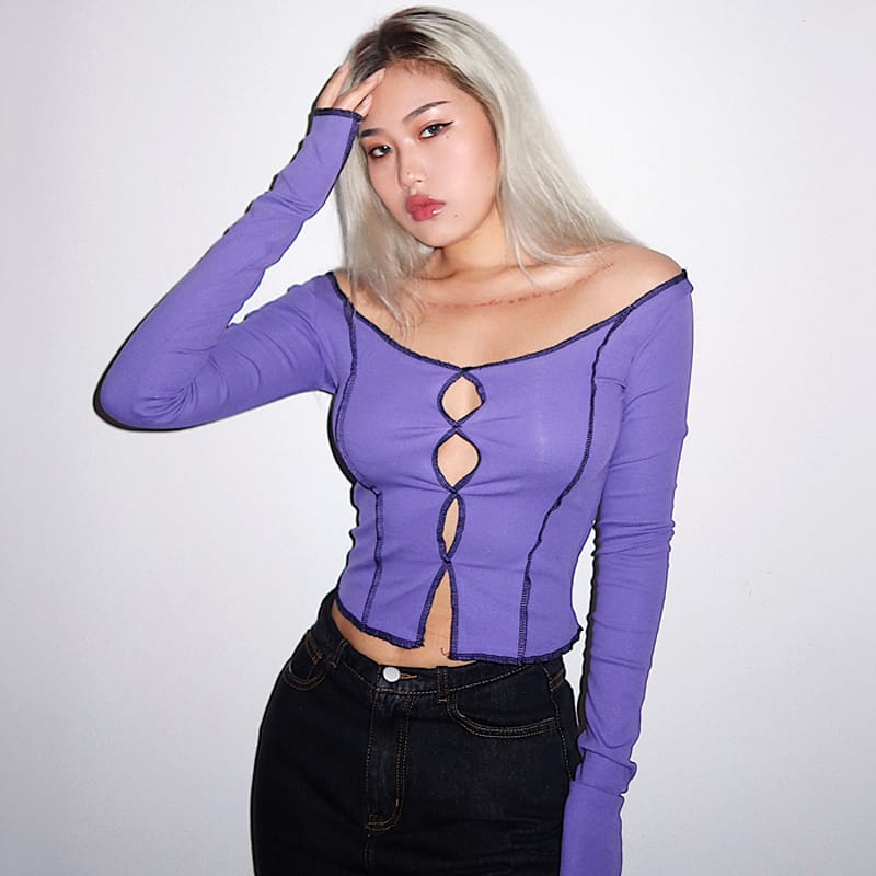 Women Purple Exposed Seams Long Sleeve top with Hollow out Center detail