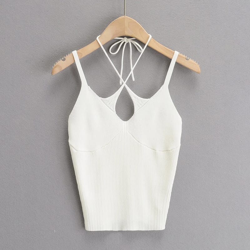 Women Beige Knitted Crop top Criss Cross Halter Cami