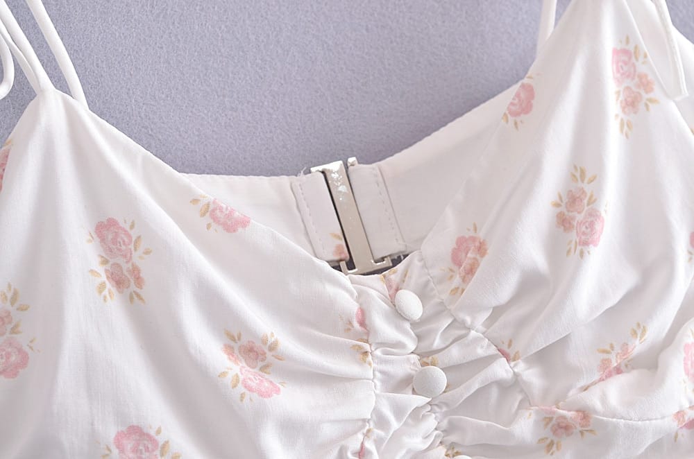 Women Backless White with Pink Floral Print A-line Ruched Bustier Mini Dress Tie Strap and