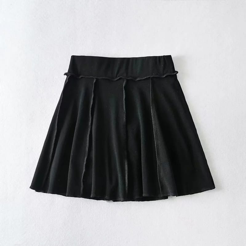 Women Black Exposed Stitching Long Sleeve Crop top and a Line Mini Skirt Co-ord Two Piece Set