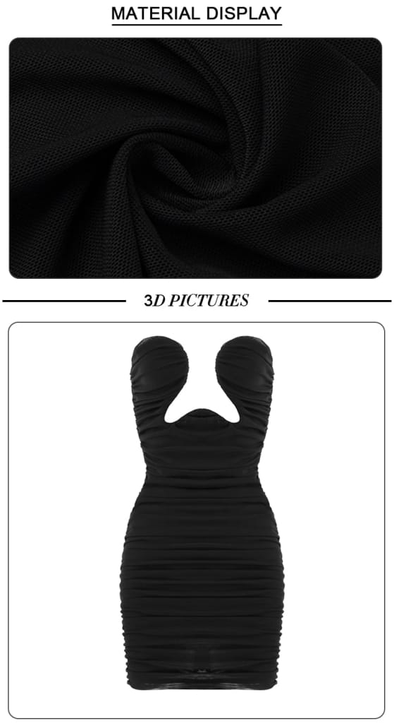 Women Solid Black Strapless Bodycon Cut out Bustier Ruched Mini Dress