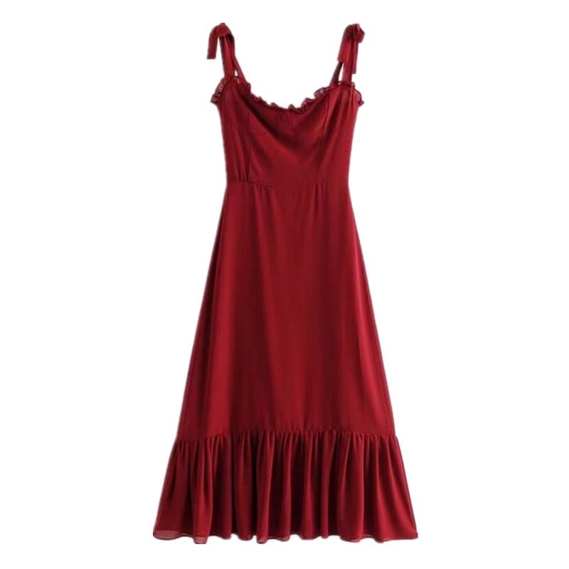 Vintage Plain Red Tie Cami Strap Midi Dress A-line Cut with Ruffle Decor