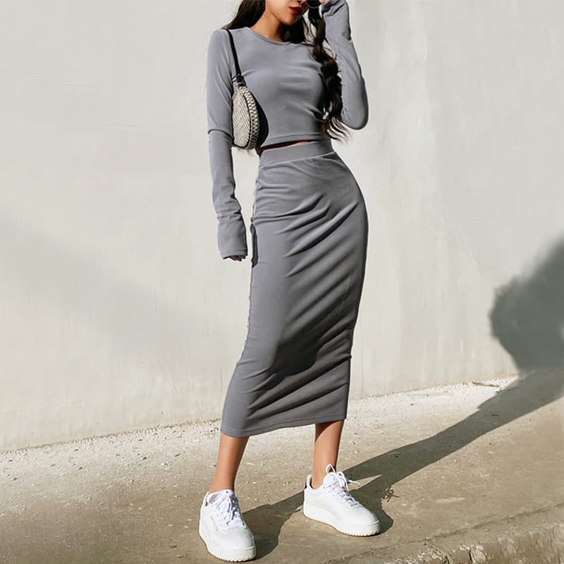 Women Grey Casual Co-ord Fit O Neck Long Sleeve Crop top and Midi Skirt Set