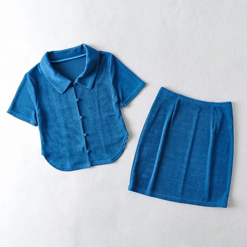 Women Blue Spread Collar Button up Short Sleeve Crop top and co Ord Mini Skirt Two Piece Set