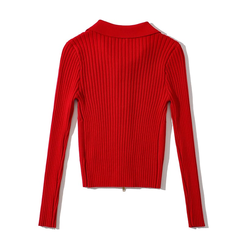 Women Solid Red Spread Collar Doal way Zip Knitted Jumper