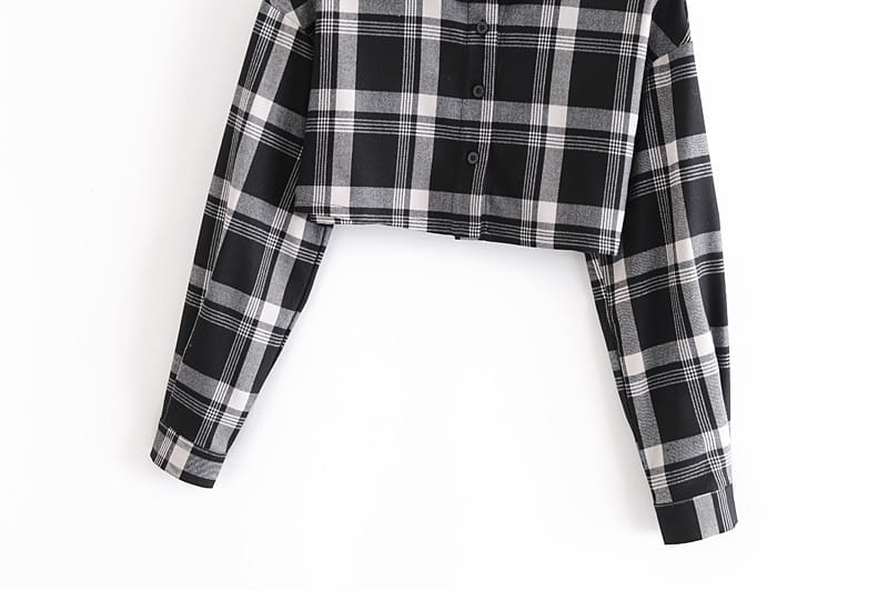 Women Long Sleeve Cropped Buttoned Plaid top Black Gray White Check Collar Blouse