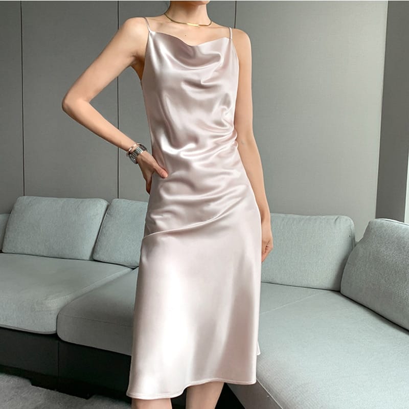 Sun-imperial Women Champagne Sleeveless Cami Strap V Neck Soft Satin Slip Long Dress