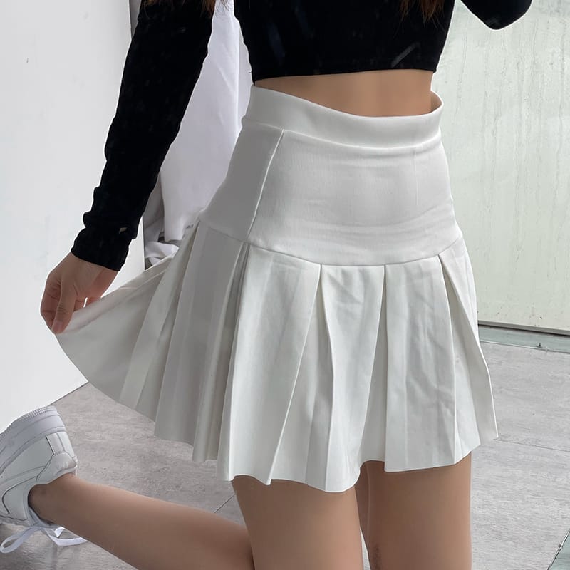 Sun-imperial - women solid black high rise stretch pleated mini skirt ...