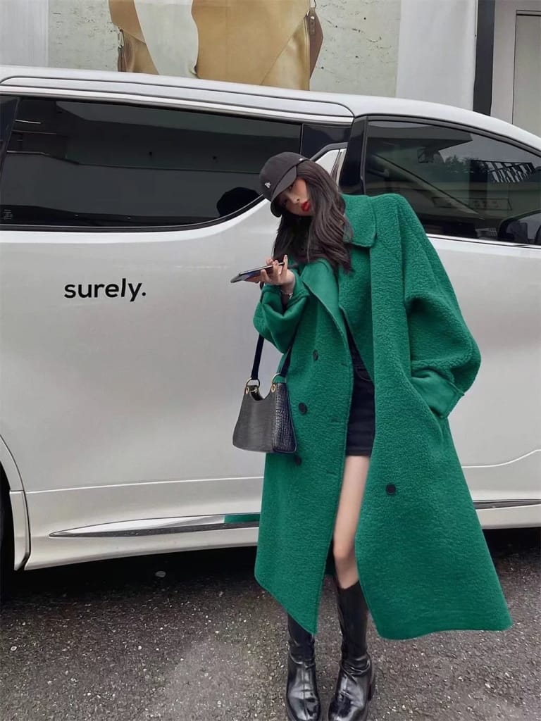 Women Green Maxi Tie Waist Faux Lamb Fur Long Sleeve Oversized Warm Outerwear Trench Coat