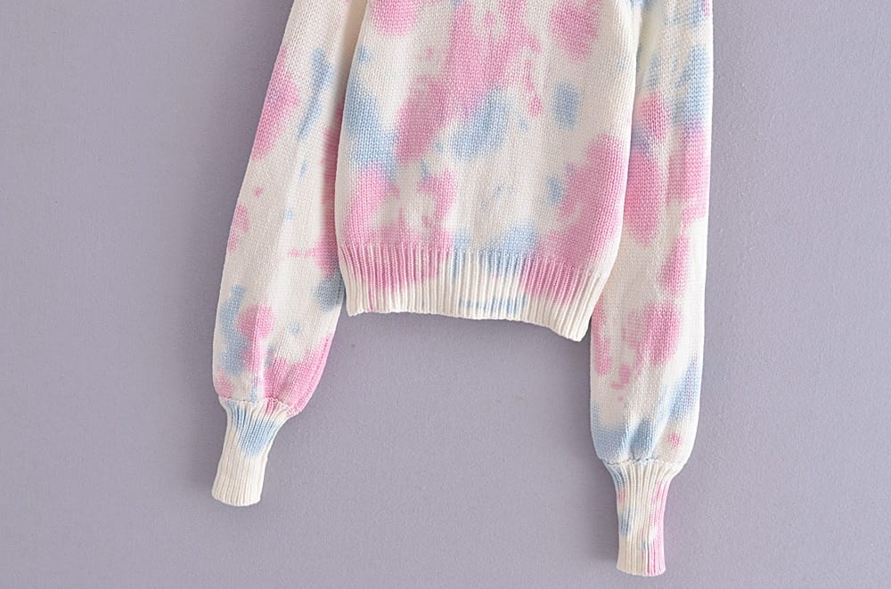 Women Stand Collar Tie Dye Colored Knitted Long Sleeve Cardigan with Zipper detail