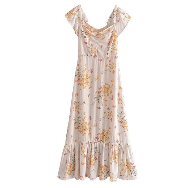 Sun-imperial Beige Vintage Ruffled Decor off the Shoulder Chiffon Floral Print Midi Dress