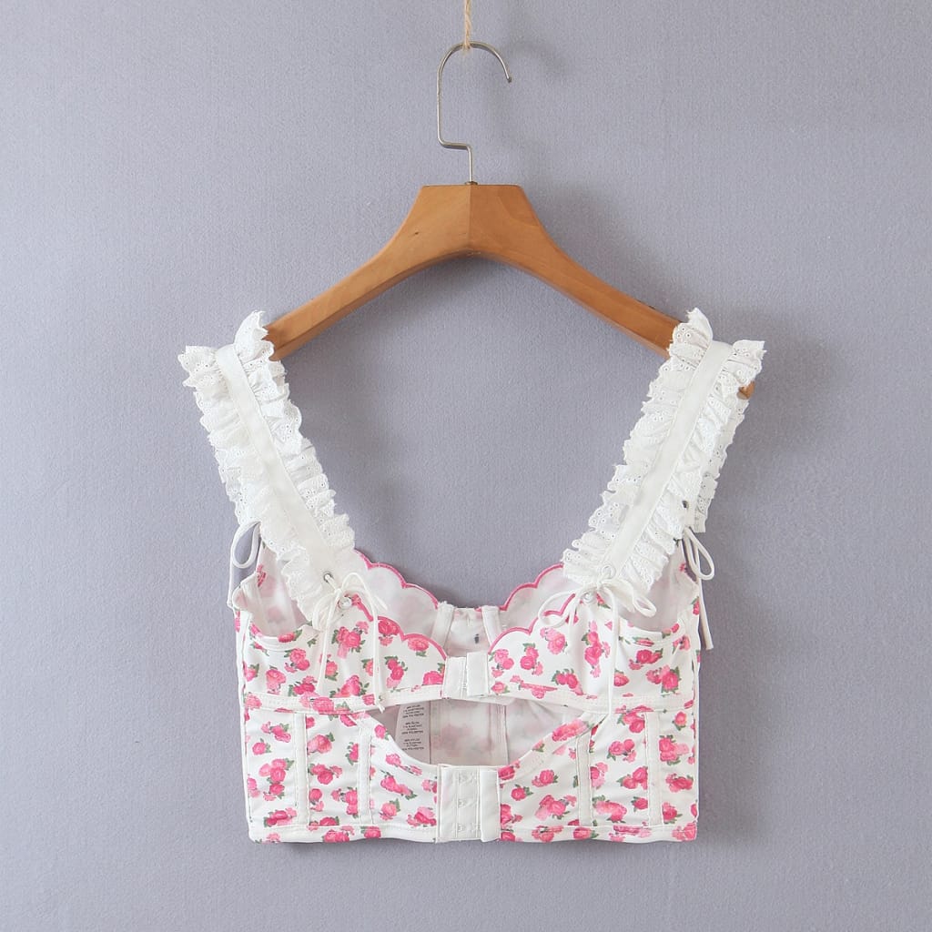 Women Floral Print Corset Style Cropped top with White Lace Cami Strap Tank detail