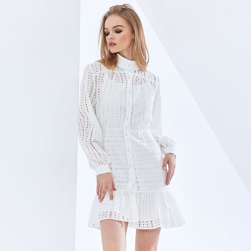 Women White Buttoned Long Sleeve A-line Elegant Mini Dress with High Collar and Ruffle detail