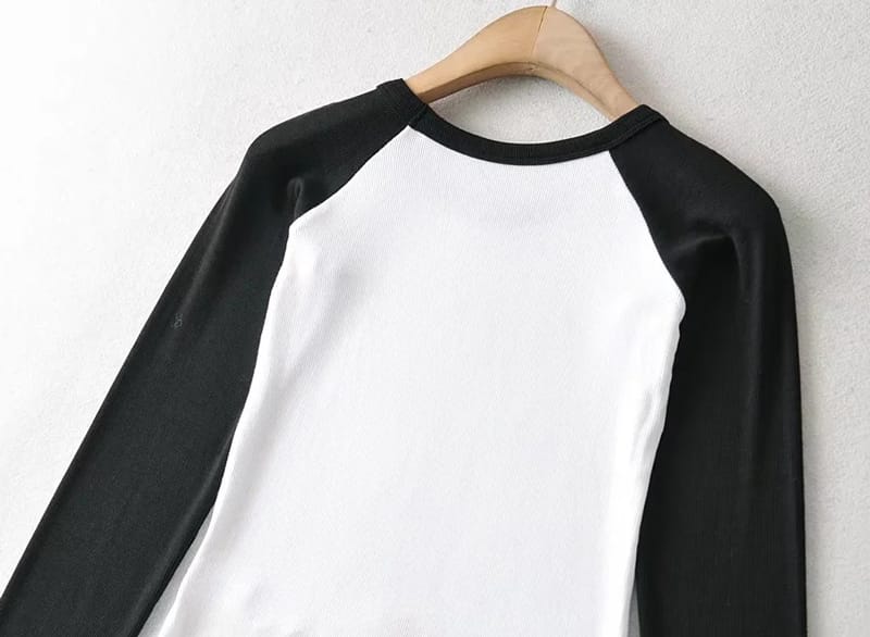 Women White with Black Long Sleeve Colorblock Raglan Rib Fitted T-shirt