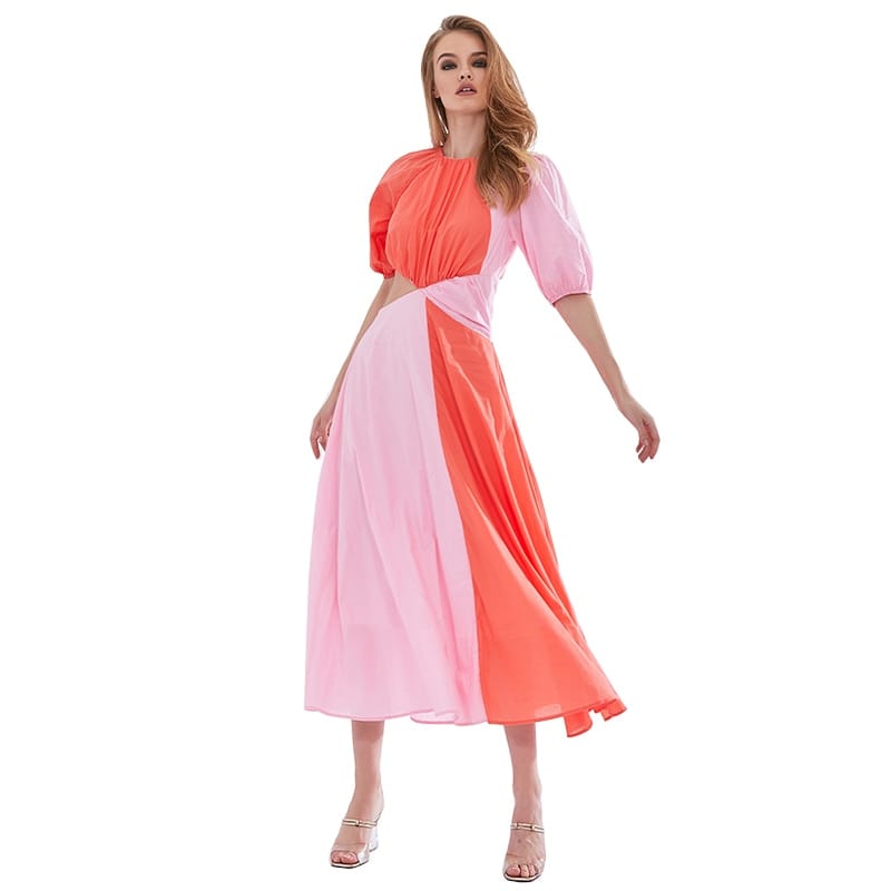 Women Two Tone Pink Cut out Puff Mid Sleeve High Neck Ruched Midi Dress A-line Flared Elegan Color