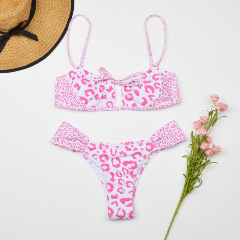 White with Pink Leopard Print High Waist Bikini Set Keyhole detail