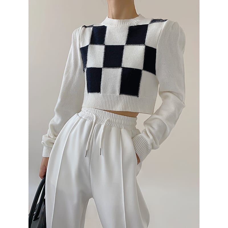 Women Cropped White Checkered Long Puff Sleeve Plaid Knit top Jumper